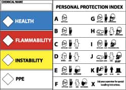 NMC - Hazardous Materials Label - Legend: Health - Flammability - Instability - PPE, English, Blue, Red, Yellow & White, 5" Long x 3" High, Sign Muscle Finish - Exact Tooling