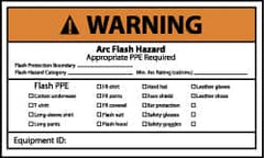 NMC - Accident Prevention Label, Header: WARNING - Legend: Warning - Arc Flash Hazard - Do Not Operate Controls or Open Covers without Appropriate Personal Protection Equipment..., English, Black, Orange, Red & White, 5" Long x 3" High, Sign Muscle Finish - Exact Tooling