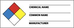 NMC - Hazardous Materials Label - Legend: Chemical Name ___ - Common Name ___ - Manufacturer ___, English, Black, Blue, Red, Yellow & White, 4" Long x 1-1/2" High, Sign Muscle Finish - Exact Tooling