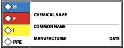 NMC - Hazardous Materials Label - Legend: H - F - I - PPE - Chemical Name ___ Common Name ___ Manufacturer ___ Date ___, English, Black, Blue, Red, Yellow & White, 4" Long x 1-1/2" High, Sign Muscle Finish - Exact Tooling