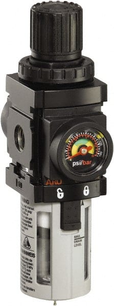 ARO/Ingersoll-Rand - 1/4" NPT Port Miniature 1 Piece Filter/Regulator FRL Unit - Polycarbonate Bowl, 47 SCFM, 150 Max psi, 6.89" High x 1.575" Long, Automatic Drain - Exact Tooling
