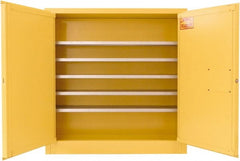 Securall Cabinets - 2 Door, 5 Shelf, Yellow Steel Wall Mount Safety Cabinet for Flammable and Combustible Liquids - 44" High x 43" Wide x 12" Deep, Manual Closing Door, 3 Point Key Lock, 24 Gal Capacity - Exact Tooling