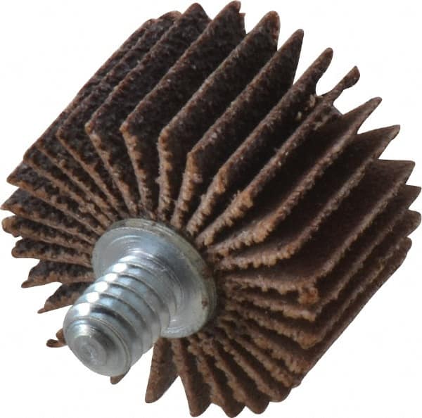 Merit Abrasives - 1" Diam x 5/8" Face Width, Medium Aluminum Oxide Coated Mounted Flap Wheel - 1/4-20 Threaded Mount, 60 Grit, Cloth Backing, 30,000 Max RPM - Exact Tooling