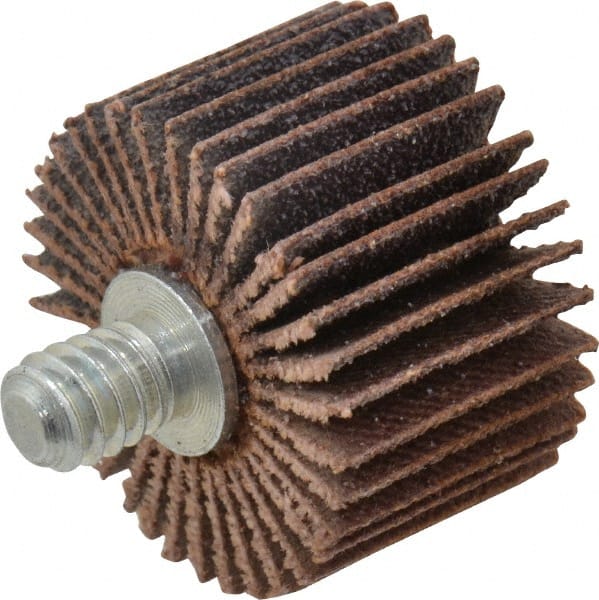 Merit Abrasives - 1" Diam x 5/8" Face Width, Medium Aluminum Oxide Coated Mounted Flap Wheel - 1/4-20 Threaded Mount, 80 Grit, Cloth Backing, 30,000 Max RPM - Exact Tooling