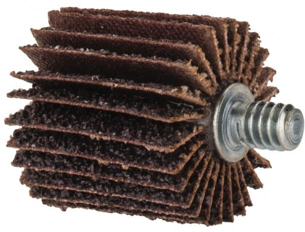 Merit Abrasives - 1" Diam x 1" Face Width, Coarse Aluminum Oxide Coated Mounted Flap Wheel - 1/4-20 Threaded Mount, 40 Grit, Cloth Backing, 30,000 Max RPM - Exact Tooling