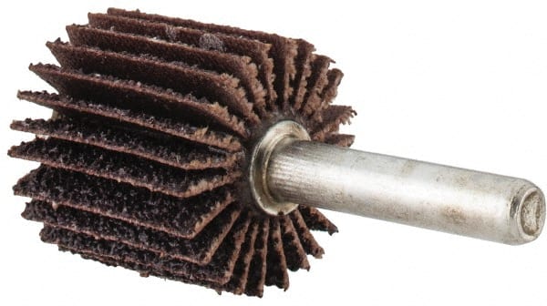 Merit Abrasives - 1" Diam x 1" Face Width, Coarse Aluminum Oxide Coated Mounted Flap Wheel - 1/4" Shank Mount, 40 Grit, Cloth Backing, 30,000 Max RPM - Exact Tooling