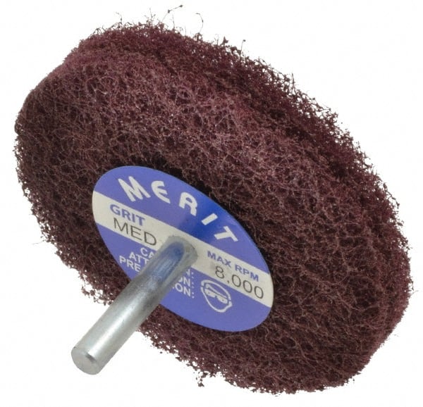 Merit Abrasives - 3" Diam, Medium Mounted Scrubber Buffing Wheel - 2 Ply, Medium Grade, 1/4" Shank Diam, 8,000 RPM - Exact Tooling