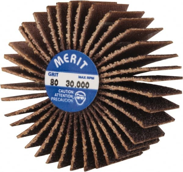 Merit Abrasives - 1-3/8" Diam x 5/8" Face Width, Medium Aluminum Oxide Coated Mounted Flap Wheel - 1/4-20 Threaded Mount, 80 Grit, Cloth Backing, 30,000 Max RPM - Exact Tooling