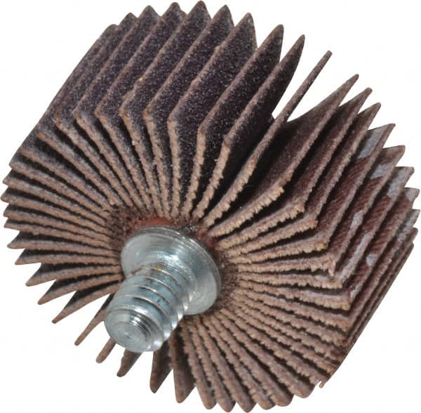 Merit Abrasives - 1-3/8" Diam x 5/8" Face Width, Fine Aluminum Oxide Coated Mounted Flap Wheel - 1/4-20 Threaded Mount, 120 Grit, Cloth Backing, 30,000 Max RPM - Exact Tooling
