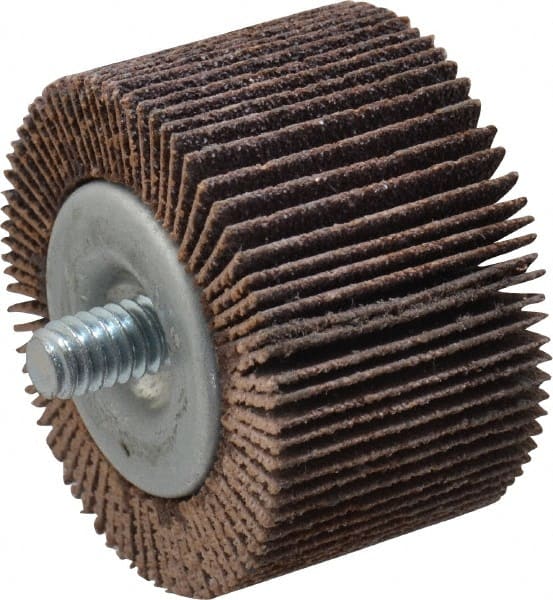 Merit Abrasives - 1-5/8" Diam x 1" Face Width, Medium Aluminum Oxide Coated Mounted Flap Wheel - 1/4-20 Threaded Mount, 80 Grit, Cloth Backing, 25,000 Max RPM - Exact Tooling