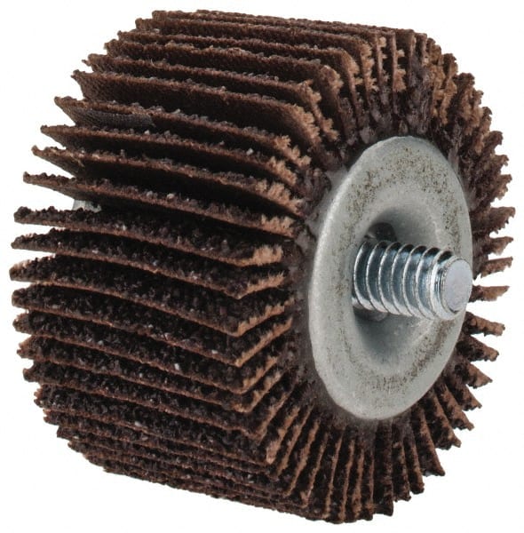 Merit Abrasives - 1-5/8" Diam x 1" Face Width, Coarse Aluminum Oxide Coated Mounted Flap Wheel - 1/4-20 Threaded Mount, 40 Grit, Cloth Backing, 25,000 Max RPM - Exact Tooling