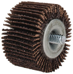 Merit Abrasives - 1-5/8" Diam x 1" Face Width, Coarse Aluminum Oxide Coated Mounted Flap Wheel - 1/4-20 Threaded Mount, 40 Grit, Cloth Backing, 25,000 Max RPM - Exact Tooling