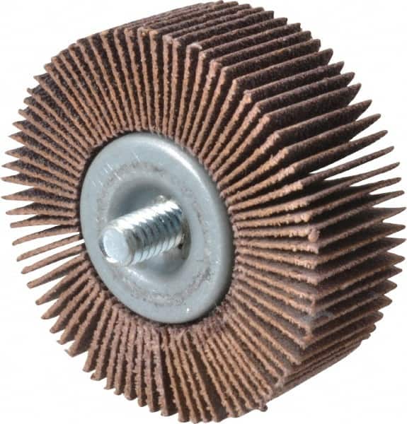 Merit Abrasives - 2" Diam x 3/4" Face Width, Medium Aluminum Oxide Coated Mounted Flap Wheel - 1/4-20 Threaded Mount, 80 Grit, Cloth Backing, 25,000 Max RPM - Exact Tooling