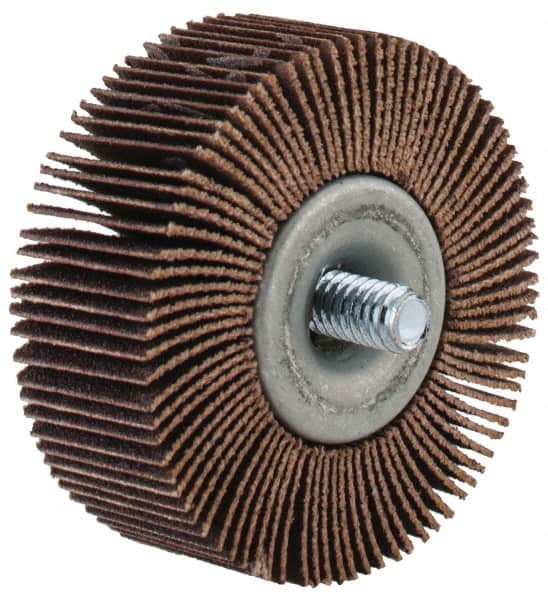 Merit Abrasives - 2" Diam x 3/4" Face Width, Fine Aluminum Oxide Coated Mounted Flap Wheel - 1/4-20 Threaded Mount, 120 Grit, Cloth Backing, 25,000 Max RPM - Exact Tooling