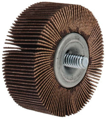 Merit Abrasives - 2" Diam x 3/4" Face Width, Very Fine Aluminum Oxide Coated Mounted Flap Wheel - 1/4-20 Threaded Mount, 180 Grit, Cloth Backing, 25,000 Max RPM - Exact Tooling