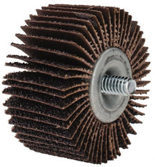 Merit Abrasives - 2" Diam x 1" Face Width, Coarse Aluminum Oxide Coated Mounted Flap Wheel - 1/4-20 Threaded Mount, 40 Grit, Cloth Backing, 25,000 Max RPM - Exact Tooling