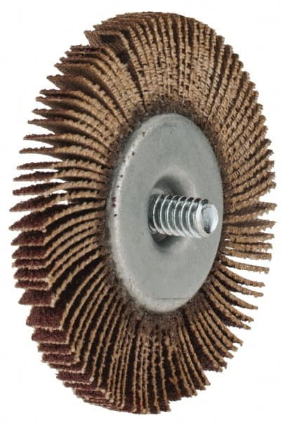 Merit Abrasives - 2-1/2" Diam x 1/4" Face Width, Medium Aluminum Oxide Coated Mounted Flap Wheel - 1/4-20 Threaded Mount, 60 Grit, Cloth Backing, 25,000 Max RPM - Exact Tooling