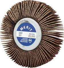 Merit Abrasives - 2-1/2" Diam x 1/2" Face Width, Medium Aluminum Oxide Coated Mounted Flap Wheel - 1/4-20 Threaded Mount, 60 Grit, Cloth Backing, 20,000 Max RPM - Exact Tooling