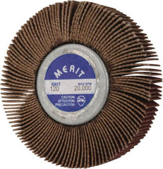 Merit Abrasives - 2-1/2" Diam x 1/2" Face Width, Fine Aluminum Oxide Coated Mounted Flap Wheel - 1/4-20 Threaded Mount, 120 Grit, Cloth Backing, 20,000 Max RPM - Exact Tooling
