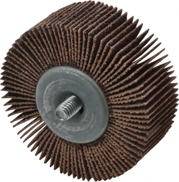 Merit Abrasives - 2-1/2" Diam x 1" Face Width, Medium Aluminum Oxide Coated Mounted Flap Wheel - 1/4-20 Threaded Mount, 60 Grit, Cloth Backing, 20,000 Max RPM - Exact Tooling