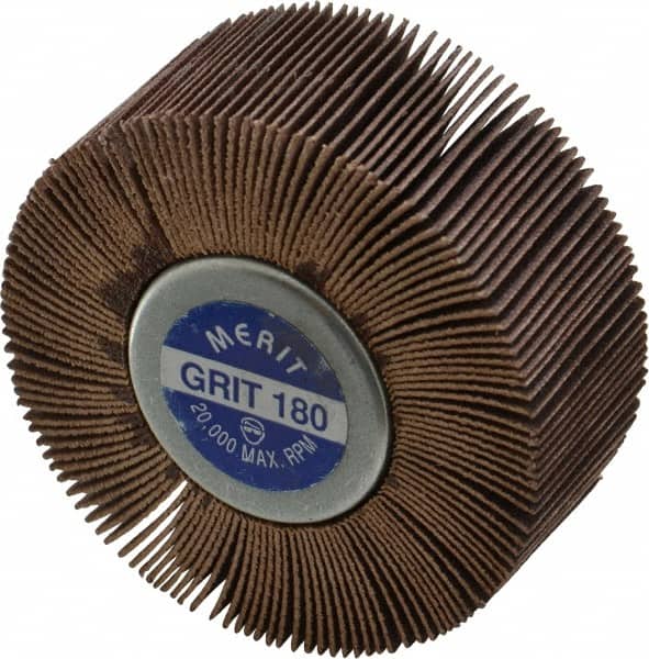Merit Abrasives - 2-1/2" Diam x 1" Face Width, Very Fine Aluminum Oxide Coated Mounted Flap Wheel - 1/4-20 Threaded Mount, 180 Grit, Cloth Backing, 20,000 Max RPM - Exact Tooling
