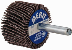 Merit Abrasives - 1-1/2" Diam x 1" Face Width, Coarse Aluminum Oxide Coated Mounted Flap Wheel - 1/4" Shank Mount, 40 Grit, Cloth Backing, 25,000 Max RPM - Exact Tooling