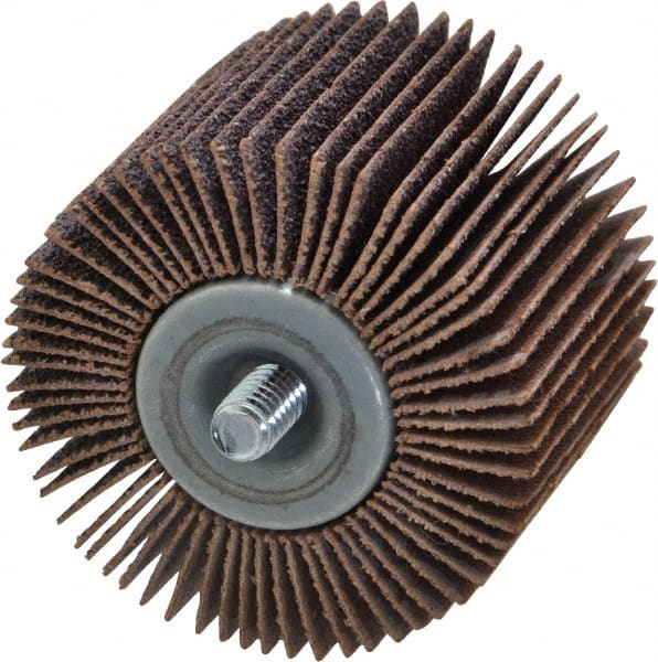 Merit Abrasives - 2" Diam x 1-1/2" Face Width, Medium Aluminum Oxide Coated Mounted Flap Wheel - 1/4-20 Threaded Mount, 60 Grit, Cloth Backing, 25,000 Max RPM - Exact Tooling
