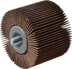 Merit Abrasives - 2" Diam x 1-1/2" Face Width, Medium Aluminum Oxide Coated Mounted Flap Wheel - 1/4-20 Threaded Mount, 80 Grit, Cloth Backing, 25,000 Max RPM - Exact Tooling