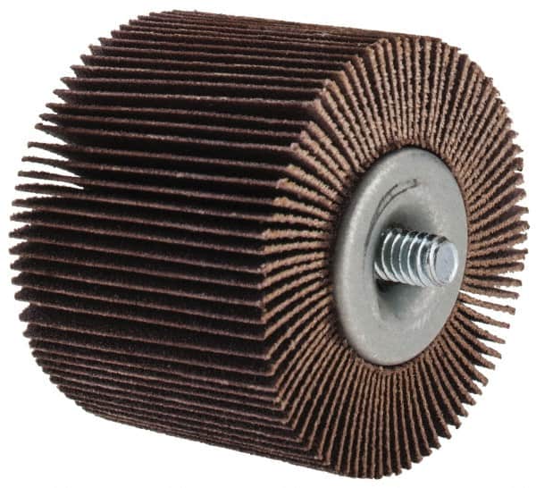 Merit Abrasives - 2" Diam x 1-1/2" Face Width, Fine Aluminum Oxide Coated Mounted Flap Wheel - 1/4-20 Threaded Mount, 120 Grit, Cloth Backing, 25,000 Max RPM - Exact Tooling