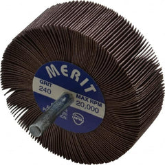 Merit Abrasives - 3" Diam x 1" Face Width, Very Fine Ceramic Alumina Coated Mounted Flap Wheel - 1/4" Shank Mount, 240 Grit, Cloth Backing, 20,000 Max RPM - Exact Tooling