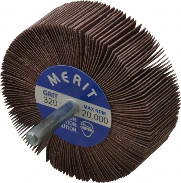 Merit Abrasives - 3" Diam x 1" Face Width, Extra Fine Ceramic Alumina Coated Mounted Flap Wheel - 1/4" Shank Mount, 320 Grit, Cloth Backing, 20,000 Max RPM - Exact Tooling