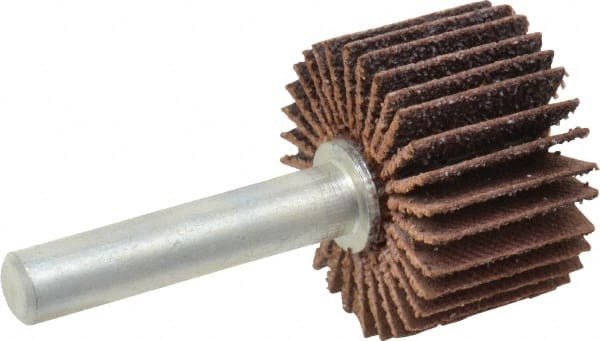 Merit Abrasives - 1" Diam x 5/8" Face Width, Medium Ceramic Alumina Coated Mounted Flap Wheel - 1/4" Shank Mount, 60 Grit, Cloth Backing, 30,000 Max RPM - Exact Tooling