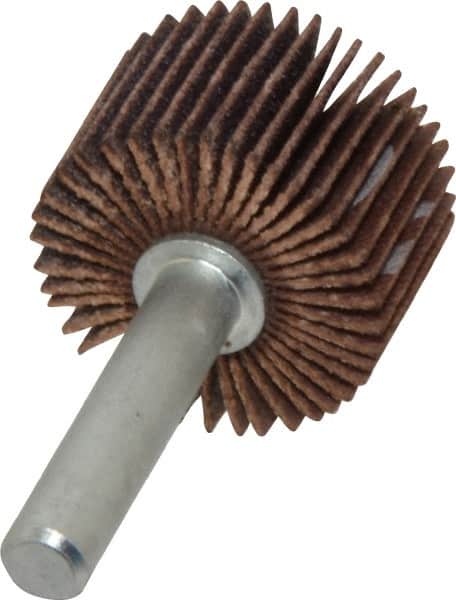 Merit Abrasives - 1" Diam x 5/8" Face Width, Fine Ceramic Alumina Coated Mounted Flap Wheel - 1/4" Shank Mount, 120 Grit, Cloth Backing, 30,000 Max RPM - Exact Tooling