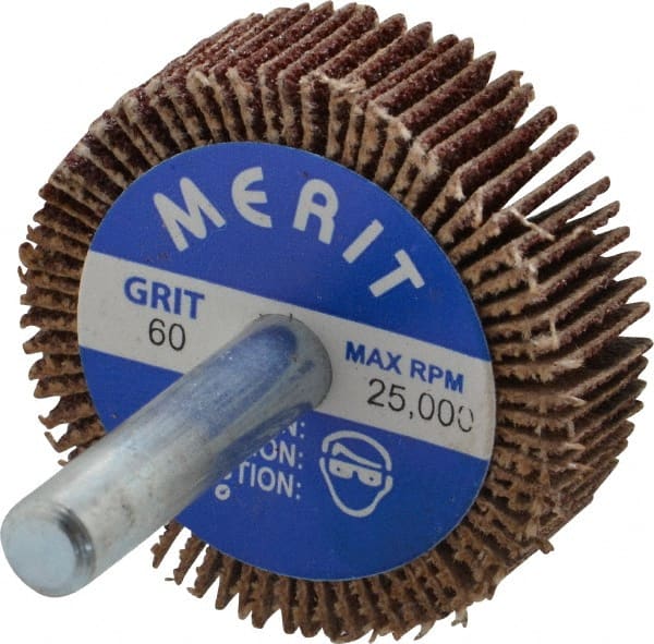 Merit Abrasives - 1-1/2" Diam x 1/2" Face Width, Medium Ceramic Alumina Coated Mounted Flap Wheel - 1/4" Shank Mount, 60 Grit, Cloth Backing, 25,000 Max RPM - Exact Tooling