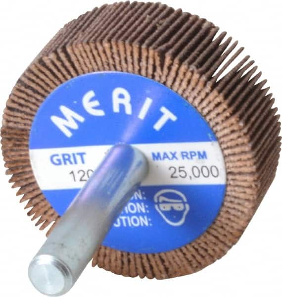 Merit Abrasives - 1-1/2" Diam x 1/2" Face Width, Fine Ceramic Alumina Coated Mounted Flap Wheel - 1/4" Shank Mount, 120 Grit, Cloth Backing, 25,000 Max RPM - Exact Tooling