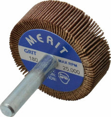 Merit Abrasives - 1-1/2" Diam x 1/2" Face Width, Very Fine Ceramic Alumina Coated Mounted Flap Wheel - 1/4" Shank Mount, 180 Grit, Cloth Backing, 25,000 Max RPM - Exact Tooling