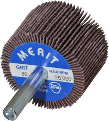 Merit Abrasives - 1-1/2" Diam x 1" Face Width, Medium Ceramic Alumina Coated Mounted Flap Wheel - 1/4" Shank Mount, 80 Grit, Cloth Backing, 25,000 Max RPM - Exact Tooling