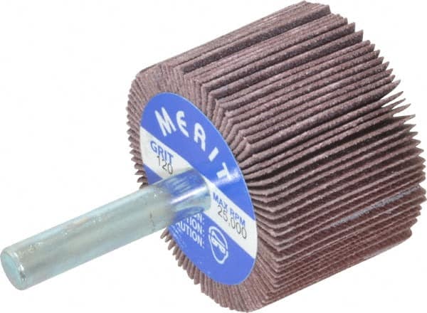 Merit Abrasives - 1-1/2" Diam x 1" Face Width, Fine Ceramic Alumina Coated Mounted Flap Wheel - 1/4" Shank Mount, 120 Grit, Cloth Backing, 25,000 Max RPM - Exact Tooling