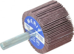 Merit Abrasives - 1-1/2" Diam x 1" Face Width, Fine Ceramic Alumina Coated Mounted Flap Wheel - 1/4" Shank Mount, 120 Grit, Cloth Backing, 25,000 Max RPM - Exact Tooling