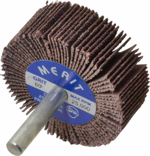 Merit Abrasives - 2" Diam x 3/4" Face Width, Medium Ceramic Alumina Coated Mounted Flap Wheel - 1/4" Shank Mount, 60 Grit, Cloth Backing, 25,000 Max RPM - Exact Tooling