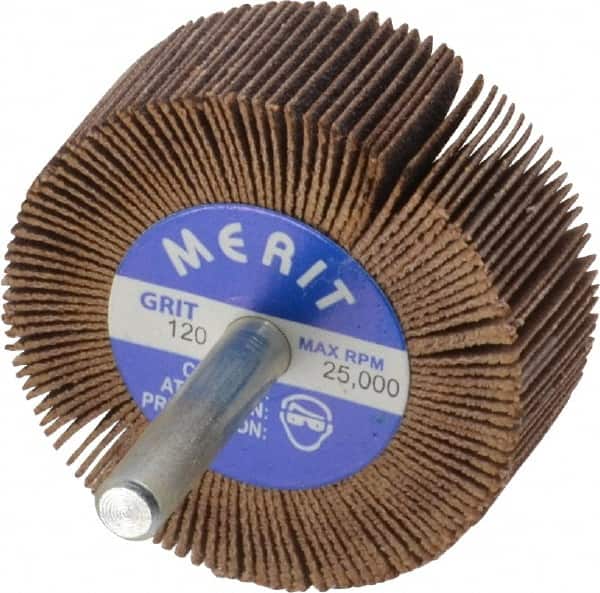 Merit Abrasives - 2" Diam x 3/4" Face Width, Fine Ceramic Alumina Coated Mounted Flap Wheel - 1/4" Shank Mount, 120 Grit, Cloth Backing, 25,000 Max RPM - Exact Tooling