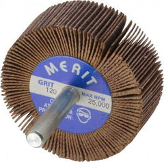 Merit Abrasives - 2" Diam x 3/4" Face Width, Fine Ceramic Alumina Coated Mounted Flap Wheel - 1/4" Shank Mount, 120 Grit, Cloth Backing, 25,000 Max RPM - Exact Tooling