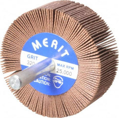 Merit Abrasives - 2" Diam x 3/4" Face Width, Extra Fine Ceramic Alumina Coated Mounted Flap Wheel - 1/4" Shank Mount, 320 Grit, 25,000 Max RPM - Exact Tooling