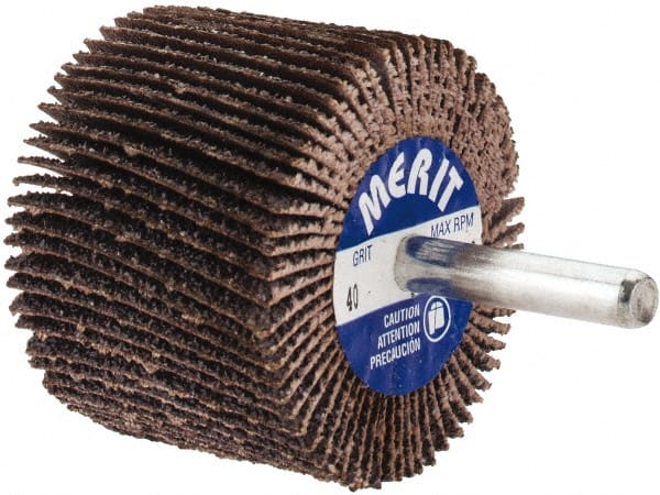 Merit Abrasives - 2" Diam x 1-1/2" Face Width, Coarse Aluminum Oxide Coated Mounted Flap Wheel - 1/4" Shank Mount, 40 Grit, Cloth Backing, 25,000 Max RPM - Exact Tooling