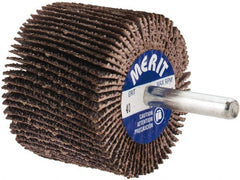 Merit Abrasives - 2" Diam x 1-1/2" Face Width, Coarse Aluminum Oxide Coated Mounted Flap Wheel - 1/4" Shank Mount, 40 Grit, Cloth Backing, 25,000 Max RPM - Exact Tooling