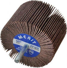 Merit Abrasives - 3" Diam x 2" Face Width, Medium Ceramic Alumina Coated Mounted Flap Wheel - 1/4" Shank Mount, 60 Grit, Cloth Backing, 20,000 Max RPM - Exact Tooling