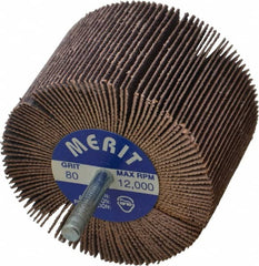 Merit Abrasives - 3" Diam x 2" Face Width, Medium Ceramic Alumina Coated Mounted Flap Wheel - 1/4" Shank Mount, 80 Grit, Cloth Backing, 20,000 Max RPM - Exact Tooling