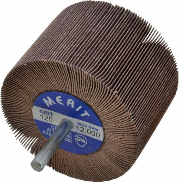 Merit Abrasives - 3" Diam x 2" Face Width, Fine Ceramic Alumina Coated Mounted Flap Wheel - 1/4" Shank Mount, 120 Grit, Cloth Backing, 20,000 Max RPM - Exact Tooling
