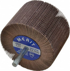 Merit Abrasives - 3" Diam x 2" Face Width, Fine Ceramic Alumina Coated Mounted Flap Wheel - 1/4" Shank Mount, 120 Grit, Cloth Backing, 20,000 Max RPM - Exact Tooling