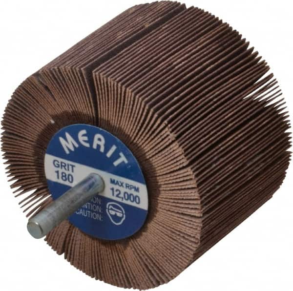 Merit Abrasives - 3" Diam x 2" Face Width, Very Fine Ceramic Alumina Coated Mounted Flap Wheel - 1/4" Shank Mount, 180 Grit, Cloth Backing, 20,000 Max RPM - Exact Tooling